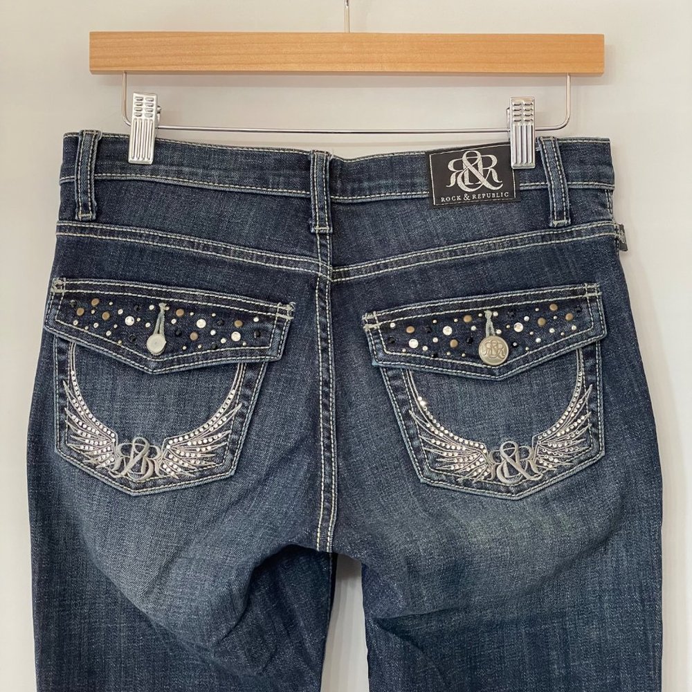 Rock & Republic Womens 4 Bootcut Denim Jeans Dark Wash Embellished Pockets *FLAW - Picture 5 of 16